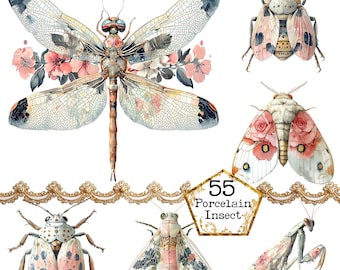 Paquete de imágenes prediseñadas de insectos en acuarela PNG + JPEG, mariposa pastel, polilla, cigarra, libélula, descarga instantánea, manualidades de papel, diario basura, álbumes de recortes