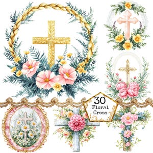 PNG + JPEG aquarelle floral croix Clipart Bundle Clipart religieux Clipart chrétien Téléchargement instantané Paper Craft Junk Journal Scrapbooking
