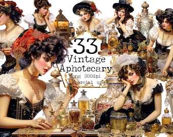 PNG Vintage Aphotecary Clipart Bundle Vintage Ephemera Vintage potions Clipart Retro Woman Junk Journal Scrapbooking Paper Crafts