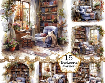 Puede incluir: Una pintura de acuarela de un acogedor rincón de lectura con una estantería llena de libros, un cómodo sillón y una ventana con vistas a un jardín. La pintura se titula "15 Bookworm Corner".