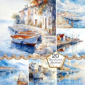 May include: A collage of watercolor paintings depicting nautical harbors with boats, docks, and buildings. The paintings are in shades of blue, green, and brown, with a touch of yellow and orange. The title "20 Nautical Harbor" is displayed in a decorative font.