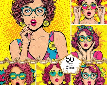 May include: Pop art style illustrations of women with pink hair, wearing colorful glasses and floral print clothing. The images have a yellow background with a dotted pattern. The text "50 Pop Glam" is also present.