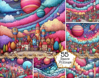 Alien Planet - Akvarell Clipart-paket Direktnedladdning Papperspyssel Skräpjournal Scrapbooking