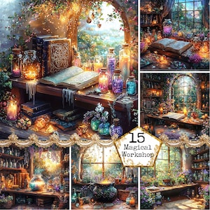JPEG sorcière lunatique coin arrière-plan livre de sorts potion fenêtre téléchargement numérique Scrapbook commercial indésirable journal papier artisanat Scrapbooking