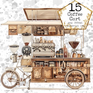 PNG Watercolor Vintage Coffee Cart Clipart Bundle PNG Instant Download Paper Crafts Junk Journal Scrapbooking Memory Book Digital Planner
