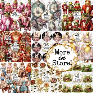 K&ouml;nnte beinhalten: Ein digitales Collage-Blatt mit Illustrationen von Fr&ouml;schen, Hasen, Uhren, Blumen und einer Weihnachtsszene. Das Blatt enth&auml;lt insgesamt 240 Bilder, wobei jedes Bild 300 Pixel pro Zoll misst. Der Text "More in Store!" ist ebenfalls im Bild enthalten.