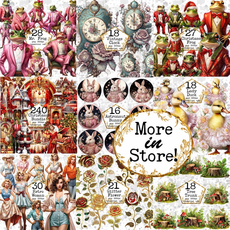 K&ouml;nnte beinhalten: Ein digitales Collage-Blatt mit Illustrationen von Fr&ouml;schen, Hasen, Uhren, Blumen und einer Weihnachtsszene. Das Blatt enth&auml;lt insgesamt 240 Bilder, wobei jedes Bild 300 Pixel pro Zoll misst. Der Text "More in Store!" ist ebenfalls im Bild enthalten.