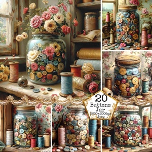JPG Vintage pot met naaiknoppen JPEG vintage achtergronden Instant Download naaipakket papier ambachten ongewenste dagboek scrapbooking commercieel gebruik