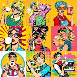 May include: Pop art style illustration featuring nine panels of people enjoying coffee and tea. The characters wear colorful outfits and sunglasses, with some holding cups and others using coffee machines. The overall theme is coffee culture.
