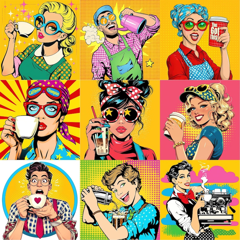 May include: Pop art style illustration featuring nine panels of people enjoying coffee and tea. The characters wear colorful outfits and sunglasses, with some holding cups and others using coffee machines. The overall theme is coffee culture.
