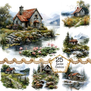 JPEG aquarel berghut aan een meer clipartbundel vislocatie bergretraite Instant Download Paper Crafts Journal Scrapbooking