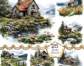 JPEG aquarel berghut aan een meer clipartbundel vislocatie bergretraite Instant Download Paper Crafts Journal Scrapbooking