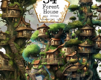 PNG Tree House Clipart Bundle Elf House PNG Forest City Fairy House Clipart Instant Download Paper Crafts Junk Journal Scrapbooking