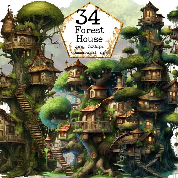 Tree House Clipart Bundle Elf House PNG Forest City Fairy House Clipart Instant Download Paper Crafts Junk Journal Scrapbooking