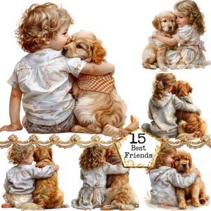 Bundle de cliparts aquarelle chien et enfant JPEG meilleurs amis Clipart usage commercial Téléchargement instantané Artisanat en papier Journal indésirable Scrapbooking