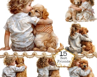 JPEG Watercolor Dog and Kid Clipart Bundle Best Friends Clipart Commercial Use Instant Download Paper Crafts Junk Journal Scrapbooking