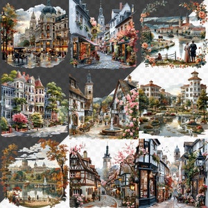 May include: A digital painting of a European village with colorful buildings, cobblestone streets, and lush greenery. The scene includes a church, a fountain, and a bridge over a river. The painting is done in a realistic style with a focus on detail.