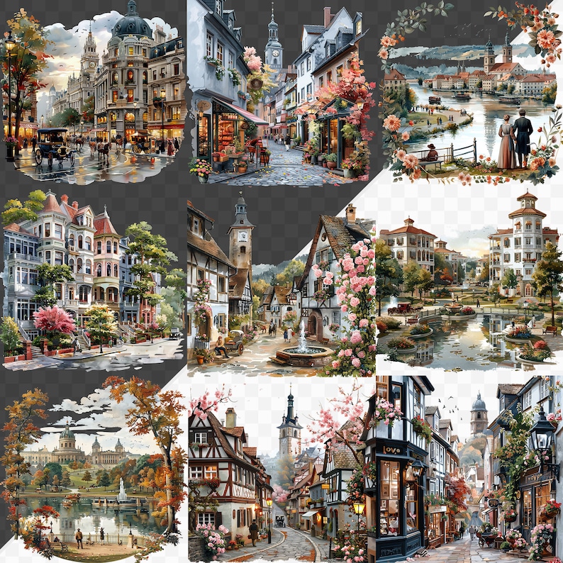 May include: A digital painting of a European village with colorful buildings, cobblestone streets, and lush greenery. The scene includes a church, a fountain, and a bridge over a river. The painting is done in a realistic style with a focus on detail.
