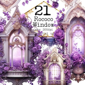 Könnte beinhalten: 21 Rococo Window png 300dpi social us. Eine digitale Illustration von drei verzierten Fenstern mit lila Blumen und Ranken. Die Fenster sind in Weiß und Gold mit einem Balkon gerahmt.