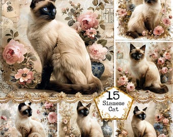 Könnte beinhalten: Eine Collage aus sechs Bildern mit siamesischen Katzen in verschiedenen Posen, umgeben von rosa Rosen und Blumenarrangements. Der Text "15 Siamese Cat" ist in der Mitte der Collage dargestellt.