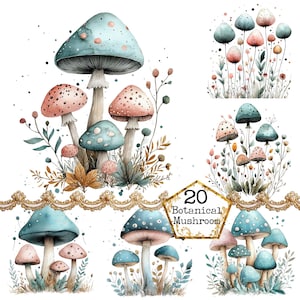 Bundle de cliparts aquarelle champignon magique, clipart fée champignon lumineux, téléchargement immédiat, travaux manuels en papier, journal indésirable, scrapbooking