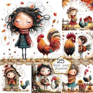 JPEG aquarel grillige meisje en haan clipart bundel vriendschap eigenzinnige meisje kunst Instant Download papier ambachten ongewenste dagboek scrapbooking