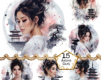 Watercolor Japanese Geisha Set Clipart JPEG, Geisha Poster JPEG Sublimation Design Instant Download Paper Crafts Junk Journal Scrapbooking