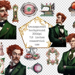 May include: A collection of vintage illustrations featuring a man with red hair wearing a green suit, a clock, a sewing machine, a tea set, a decorative frame, a comb, and a floral design.