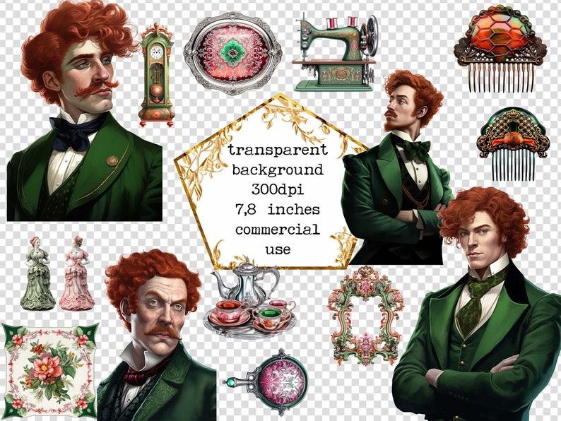May include: A collection of vintage illustrations featuring a man with red hair wearing a green suit, a clock, a sewing machine, a tea set, a decorative frame, a comb, and a floral design.