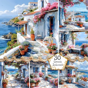 JPEG Isola greca ricoperta di fiori Clipart JPEG Bundle Clipart europea JPEG Download istantaneo Artigianato di carta Junk Journal Scrapbooking