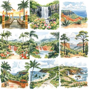 a series of four pictures of a tropical landscape