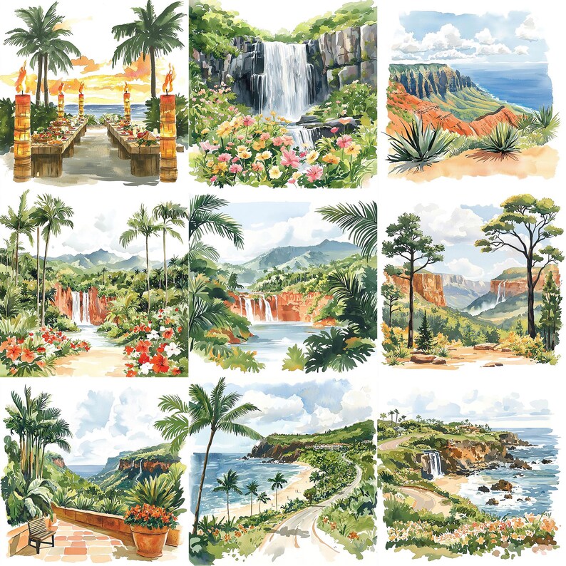a series of four pictures of a tropical landscape