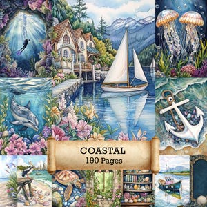 Peut inclure: Illustration à l'aquarelle sur le thème côtier. Comprend un voilier, un dauphin et des méduses. L'image comprend une maison, une jetée et le texte "COASTAL 190 Pages" sur un parchemin.