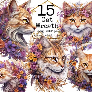 PNG Aquarell Blumen Katze Clipart Bundle Katzenkranz PNG Clipart Blumen Clipart Wilde Blumen PNG Sublimation Design Papier Handwerk Junk Journal