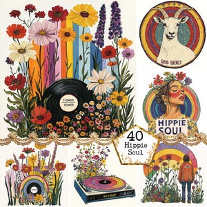 Disque vinyle floral rétro JPEG avec citation Bundle de cliparts, clipart groovy, téléchargement immédiat, papier, créations artisanales, journal indésirable Scrapbooking