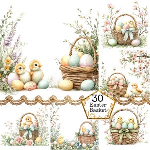 PNG + JPEG Cestini di pulcini di Pasqua ad acquerello Clipart Bundle Cestini primaverili Clipart Download immediato Artigianato di carta Diario spazzatura Scrapbooking