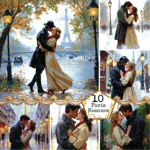 JPEG Beijo em Paris Cena Clipart Pacote Clipart Romântico Paris Clipart Download Instantâneo Papel Artesanal Junk Journal Scrapbooking