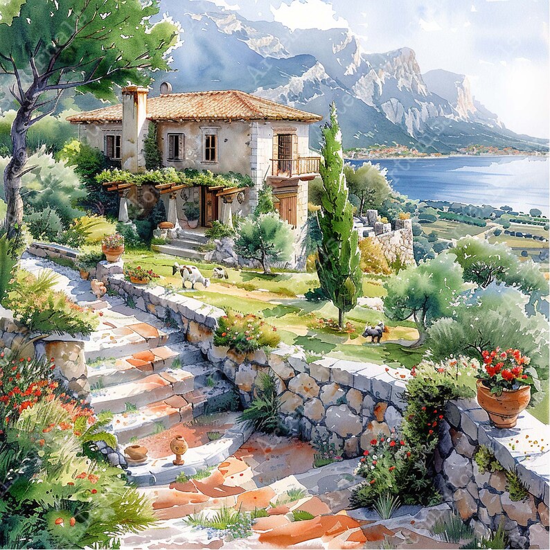May include: A stone pathway leads up to a white house with a terracotta roof, surrounded by lush greenery and a view of a blue body of water and mountains in the distance.