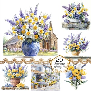 JPEG Aquarell Frühlingsblumen Grafiken Blumenstrauß Clipart Frühling Landschaft Bilder Sofortiger Download Papier Handwerk Junk Journal Scrapbooking
