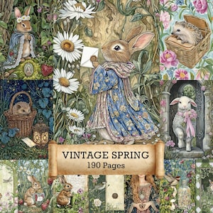 Puede incluir: Un collage de ilustraciones con un tema de primavera vintage. Las imágenes presentan conejos, un erizo y un cordero en un entorno de jardín. La imagen central muestra un conejo con un abrigo azul sosteniendo una carta. El texto "VINTAGE SPRING 190 Pages" se muestra en un pergamino.