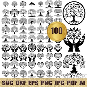 Puede incluir: Un conjunto de 100 archivos de corte SVG en blanco y negro de árbol de la vida. Los diseños incluyen varios estilos de árboles, incluidos árboles con corazones, manos y raíces. El texto "100" se muestra en un círculo dorado.