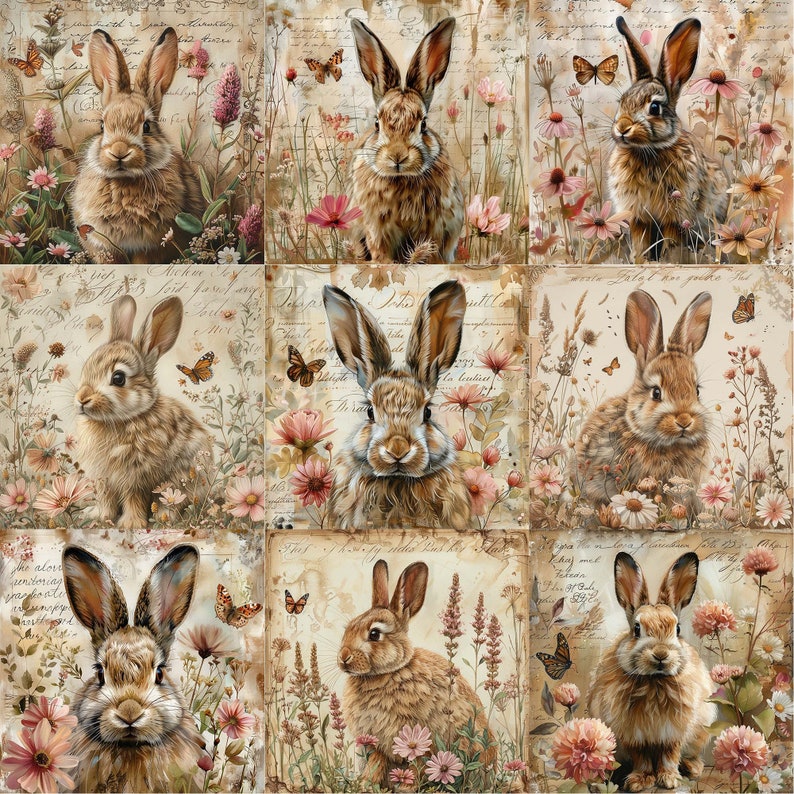 JPEG Rabbit With Flowers and Butterflies, Antique Charm, Clipart Bundle ...