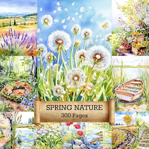 Op de afbeelding: Een aquarelcollage met verschillende lentescènes. De centrale afbeelding toont grote witte paardenbloemen tegen een blauwe lucht. Andere scènes zijn lavendelvelden, een houten boot op een meer en bloemstukken. De tekst "SPRING NATURE 300 Pages" wordt weergegeven.