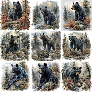 Black Bear and Mountain Forest Clipart Bundle JPEG Commercial Printable Background Instant Download Paper Crafts Junk Journal Scrapbooking image 6