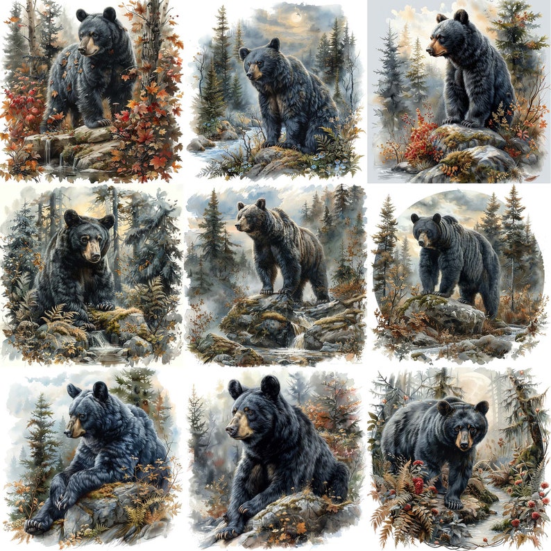 Black Bear and Mountain Forest Clipart Bundle JPEG Commercial Printable Background Instant Download Paper Crafts Junk Journal Scrapbooking image 6