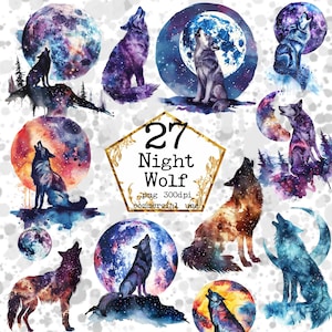 Könnte beinhalten: 27 Aquarell-Illustrationen von heulenden Wölfen vor einem Galaxie- und Mondhintergrund. Die Illustrationen sind in den Farben Lila, Blau, Orange und Braun gehalten.