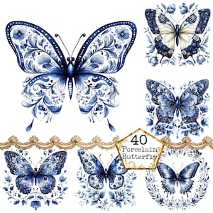 PNG + JPEG Delft Blue Antique Butterfly Tile Clipart Bundle Floral Butterfly Download immediato Paper Crafts Junk Journal Scrapbooking
