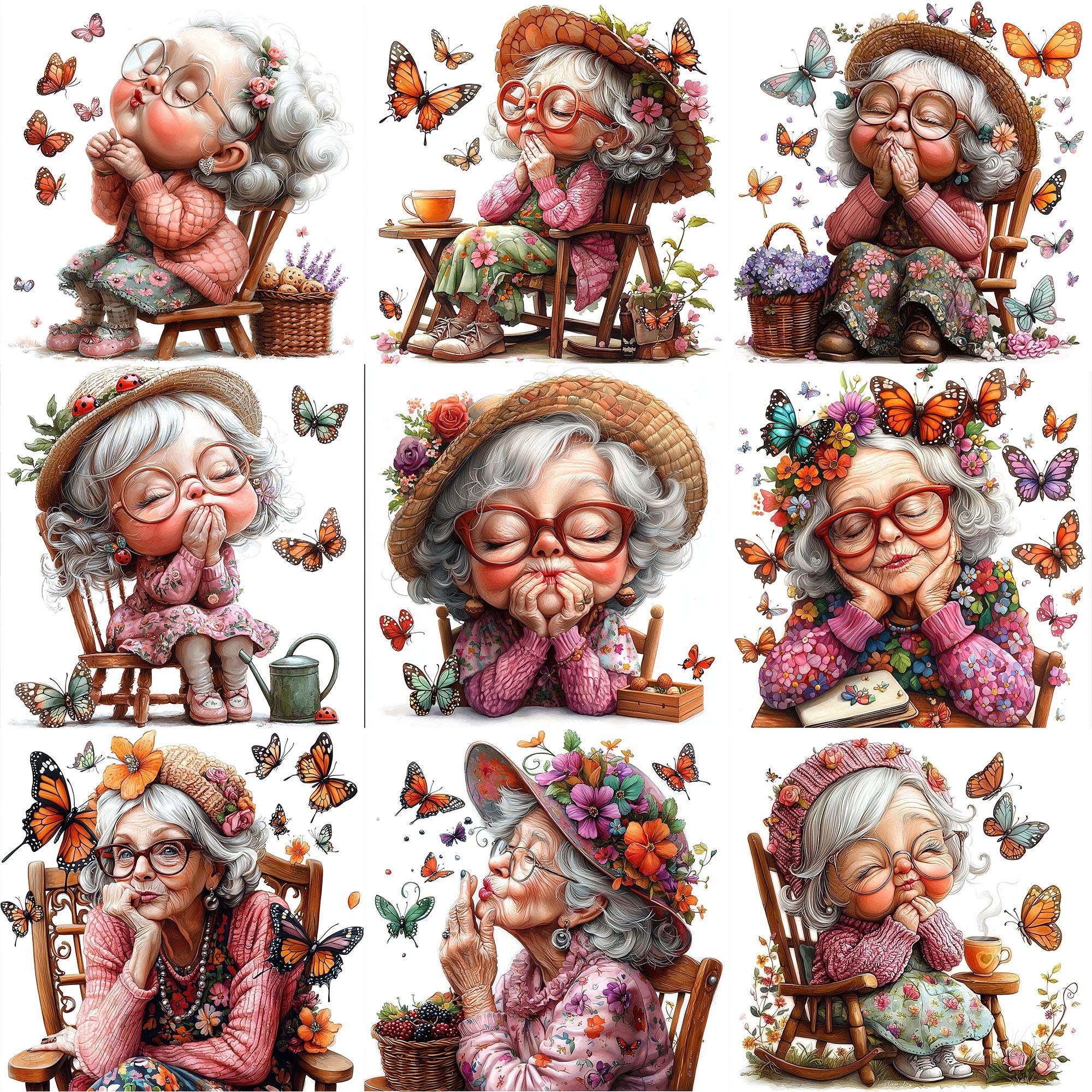 JPEG Watercolor Spring Granny Clipart Bundle Funny Elderly Lady Cute ...
