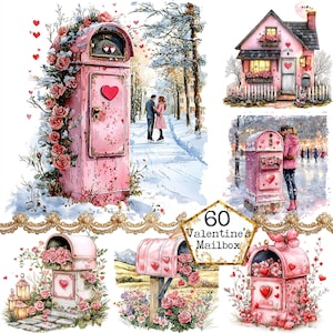 Pacchetto di clipart di cassette postali JPEG per lettere d'amore Clipart di cassette postali rosa Clipart di San Valentino Download immediato Carta artigianale Giornale spazzatura Scrapbooking