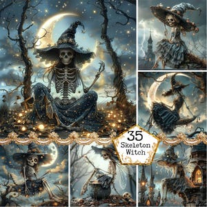JPEG, squelette, sorcière, arrière-plans, illustration, halloween, graphiques, usage commercial, téléchargement immédiat, papier, travaux manuels, indésirable, journal, scrapbooking